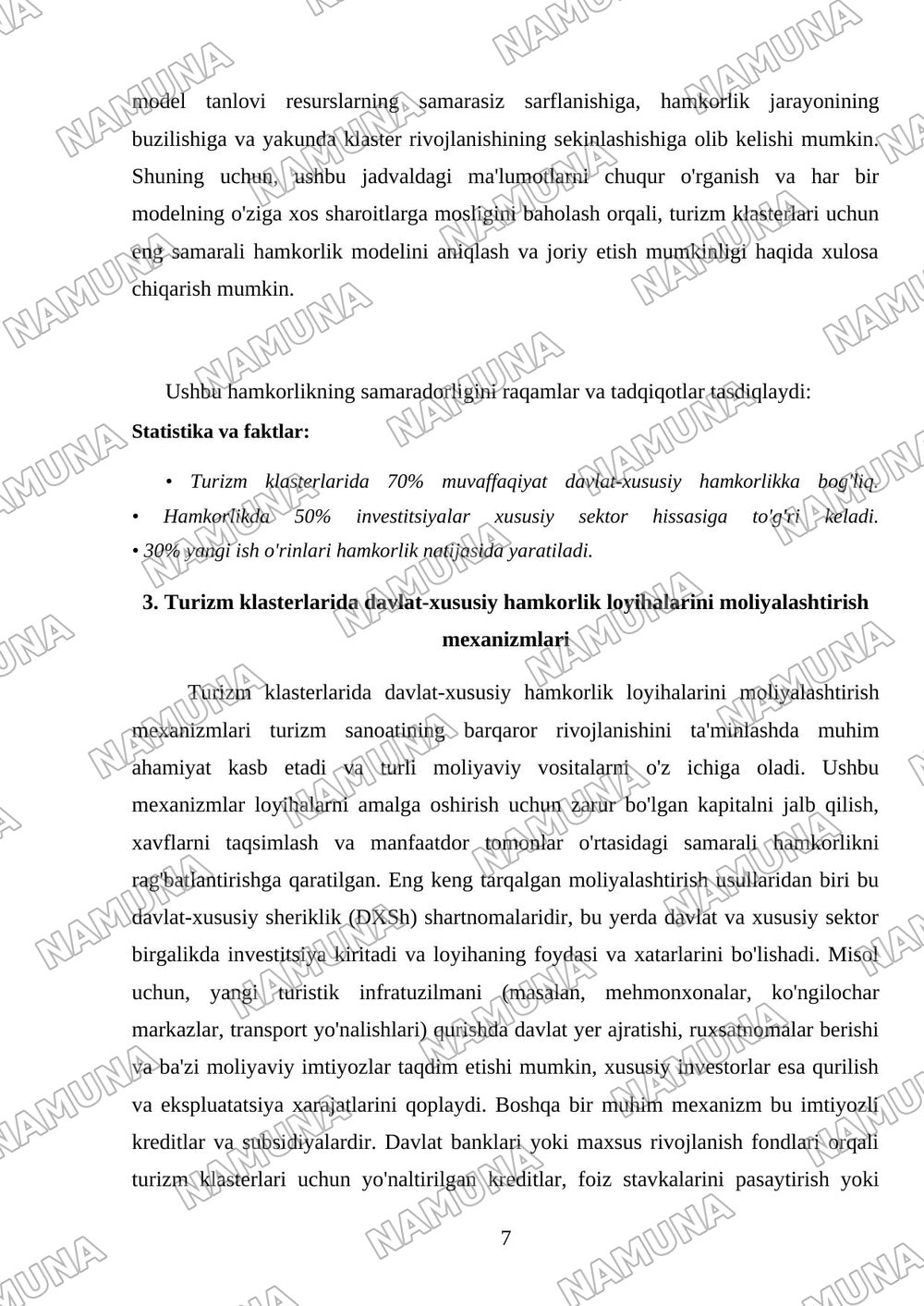 Turizm klasterlarida davlat va xususiy sektor hamkorligi modeli — mustaqil ish, 7-varaq