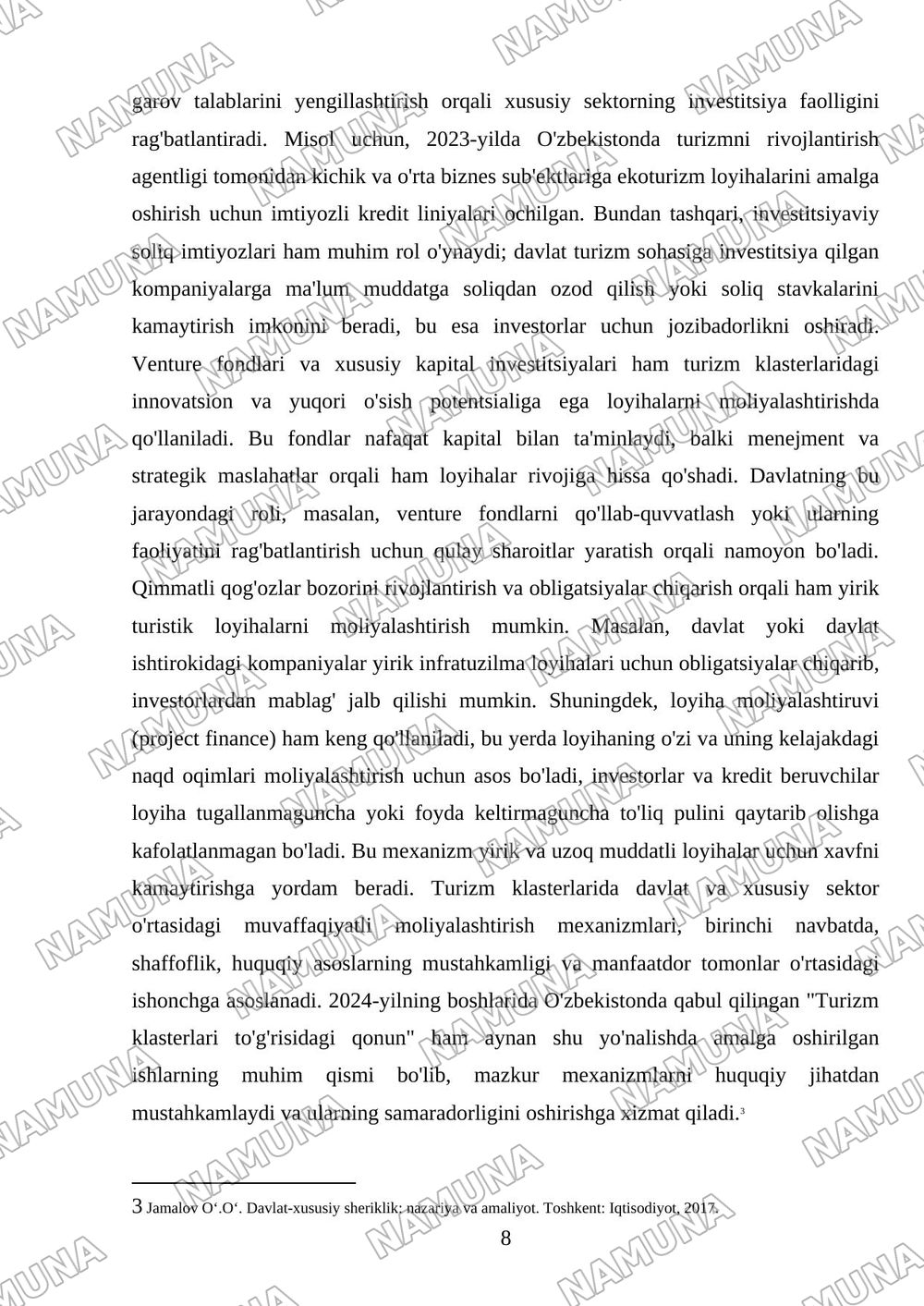 Turizm klasterlarida davlat va xususiy sektor hamkorligi modeli — mustaqil ish, 8-varaq