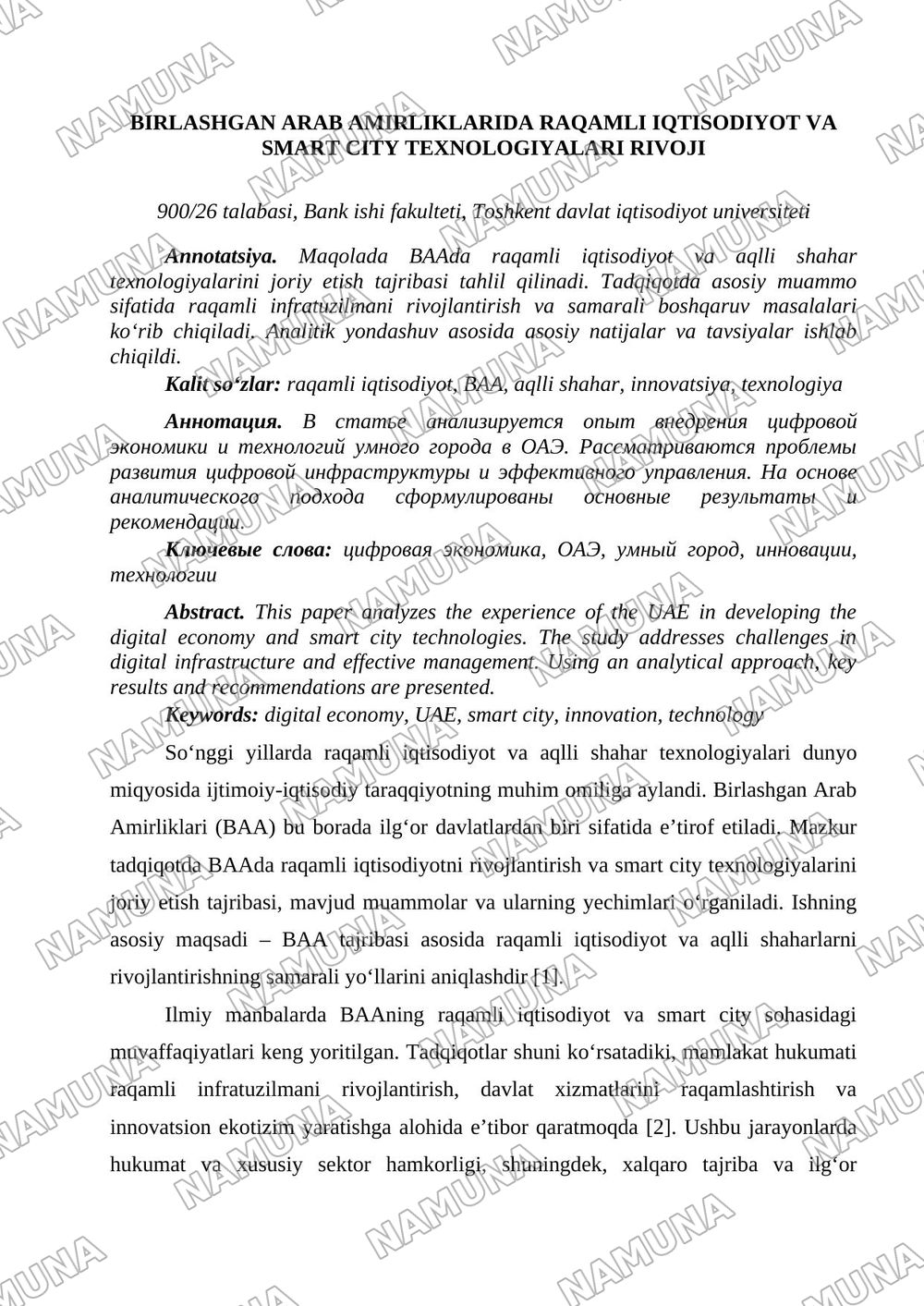 Birlashgan Arab Amirliklarida raqamli iqtisodiyot va Smart City Texnologiyalarini Rivojlantirish tajribasi — tezis, 1-varaq