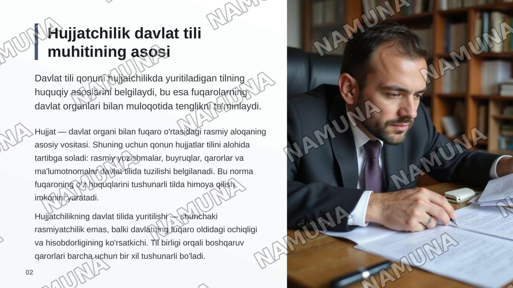 ,,Davlat tili haqida"gi Qonunning hujjatchilikka oid nirmalari: mazmuni va amali tatbiqi — zamonaviy taqdimot, 3-slayd