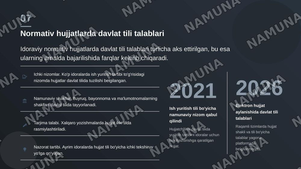 ,,Davlat tili haqida"gi Qonunning hujjatchilikka oid nirmalari: mazmuni va amali tatbiqi — zamonaviy taqdimot, 8-slayd