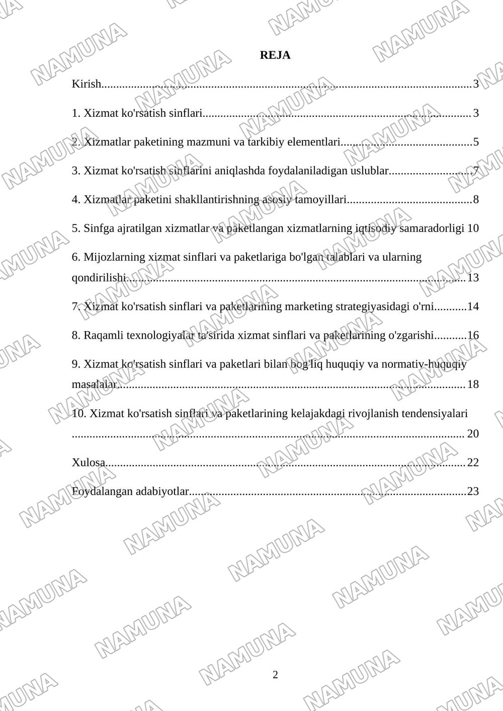 Xizmat korsatish klaslari va xizmatlar paketi — mustaqil ish, 2-varaq