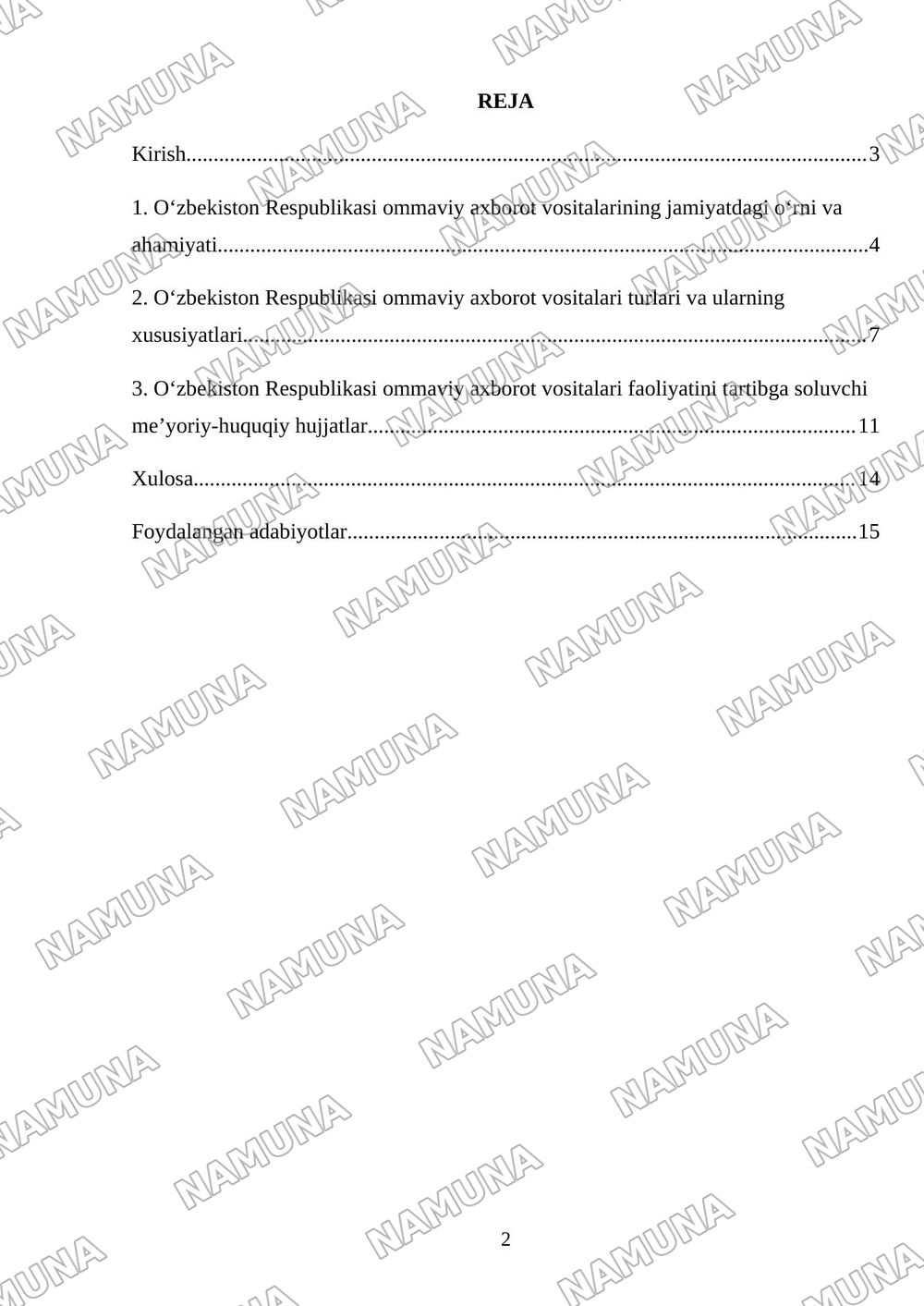 Oʻzbekiston respublikasi ommaviy axborot vositalari faoliyati. — mustaqil ish, 2-varaq