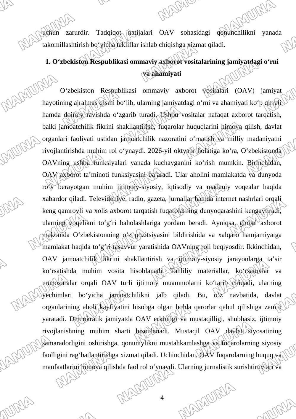 Oʻzbekiston respublikasi ommaviy axborot vositalari faoliyati. — mustaqil ish, 4-varaq