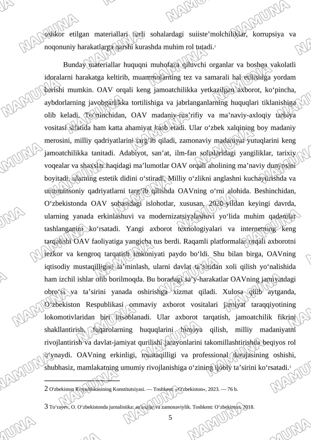 Oʻzbekiston respublikasi ommaviy axborot vositalari faoliyati. — mustaqil ish, 5-varaq