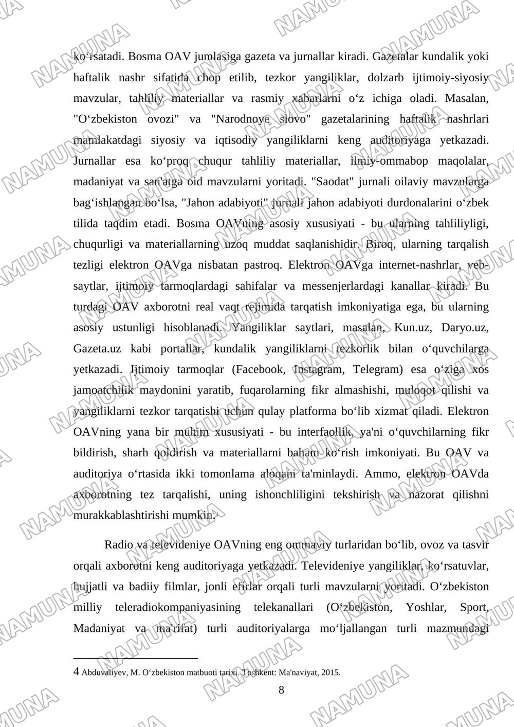 Oʻzbekiston respublikasi ommaviy axborot vositalari faoliyati. — mustaqil ish, 8-varaq