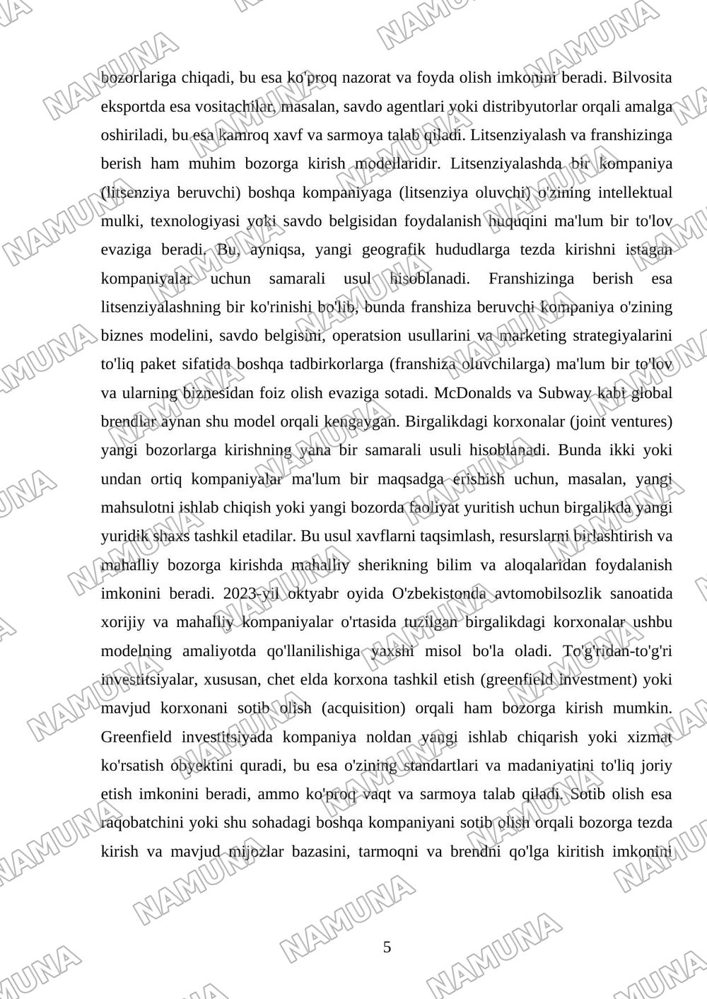 Yangi bozorlarga kirish va biznesni kengaytirish strategiyalari. — mustaqil ish, 5-varaq