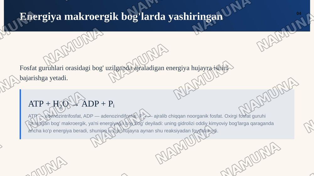 Adenozintrifosfatning tuzulishi va energetik ahamiyatini oʻrganish. — zamonaviy taqdimot, 5-slayd