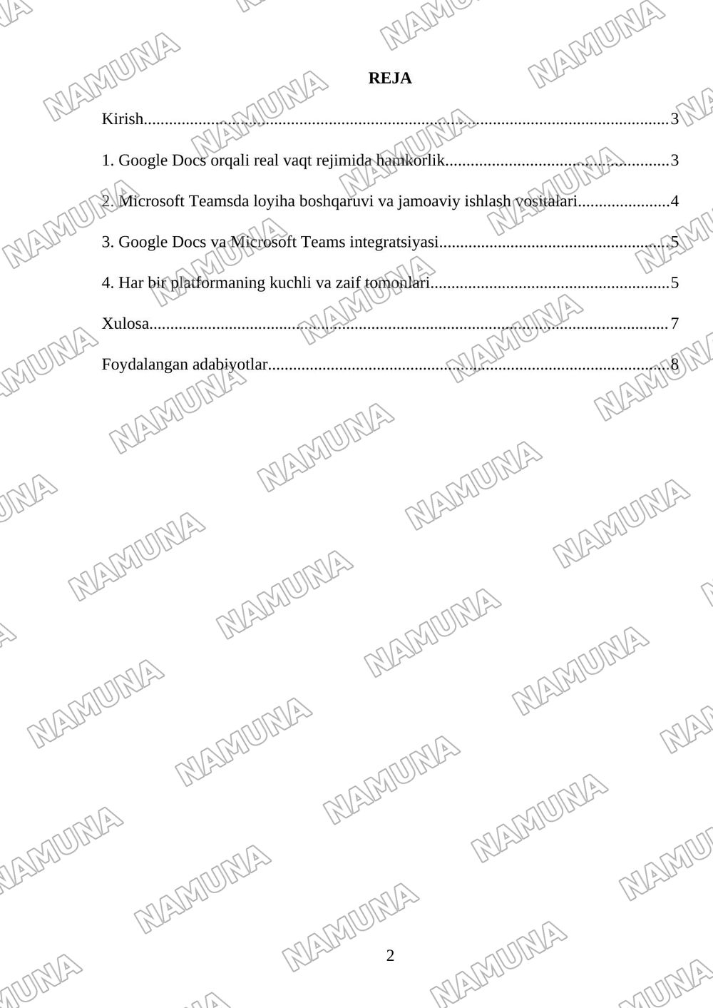 Google Dece yoki Microsoft Tems orqali hamkorlik — mustaqil ish, 2-varaq