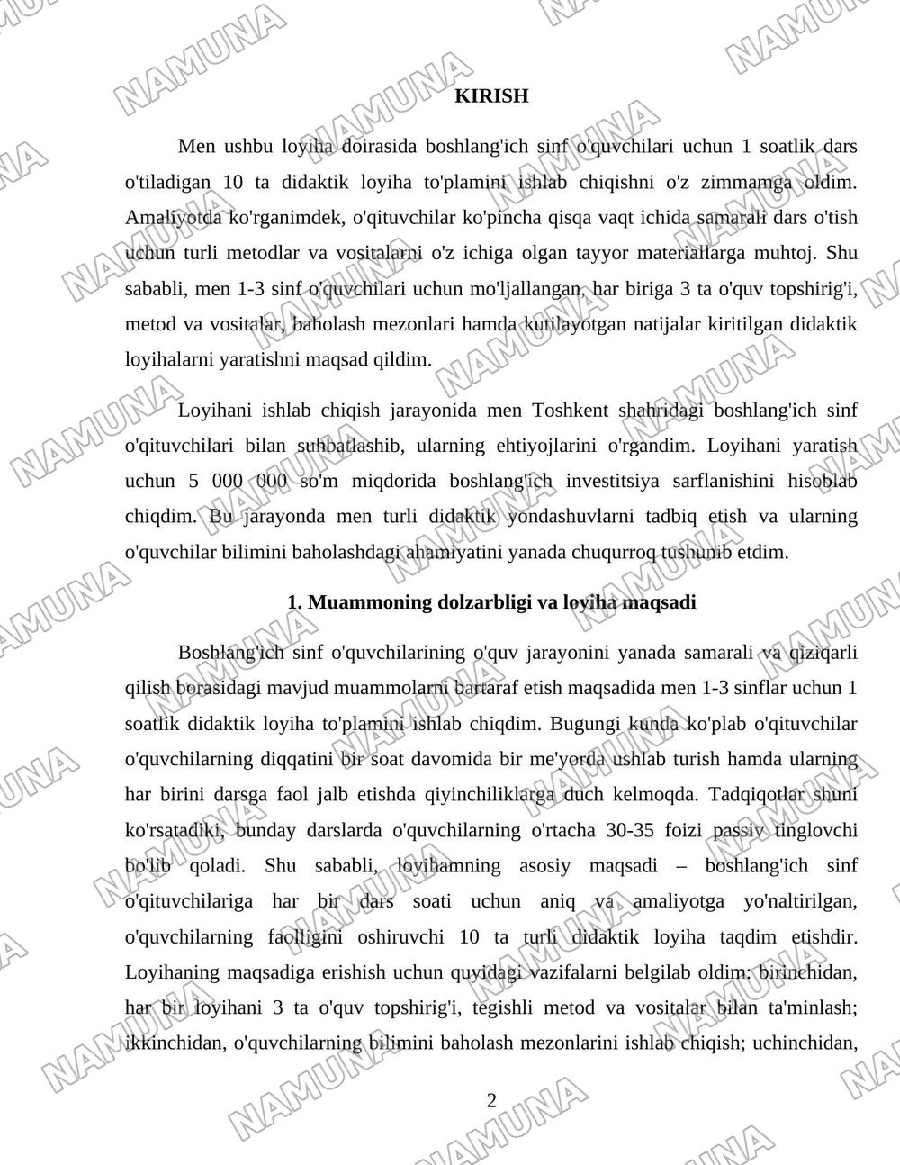 Boshlangʻich sinf oʻuvchilariga 1 soat dars uchun didaktik loyiha tuzish — loyiha ishi, 2-varaq