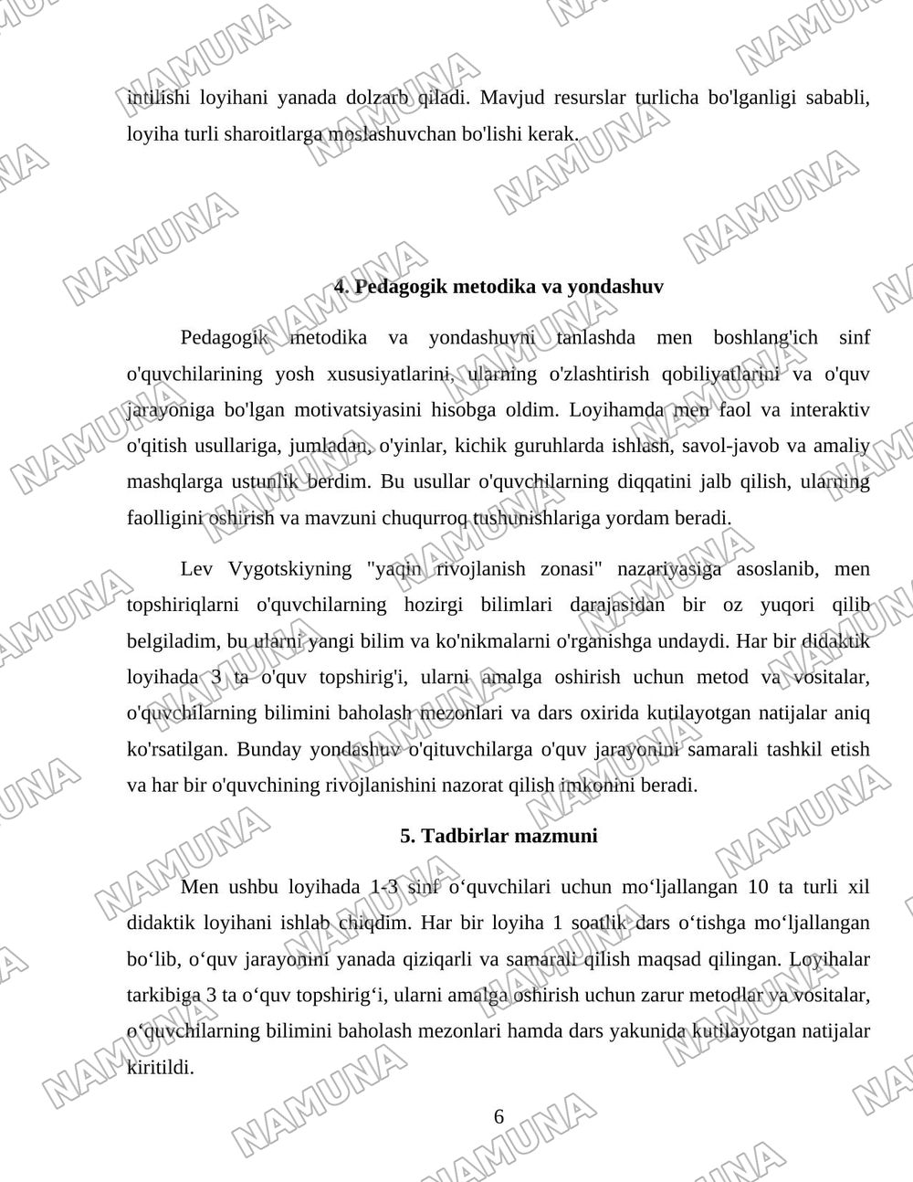 Boshlangʻich sinf oʻuvchilariga 1 soat dars uchun didaktik loyiha tuzish — loyiha ishi, 6-varaq