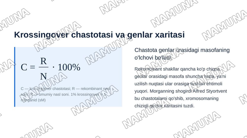 T.G.MORGANNING IRSIYATNING XROMOSOMA NAZARIYASI. GENLARNING BIRIKISH HODISASI, KROSSINGOVER. BELGILARNING JINSGA BIRIKKAN HOLDA IRSIYLANISHI. — zamonaviy taqdimot, 7-slayd