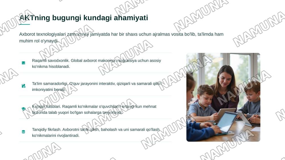 "Boshlang‘ich sinflarda axborot texnologiyalari fanining predmeti, maqsadi va vazifalari. Axborot texnologiyalari zamonaviy texnik va dasturiy vositalari" — zamonaviy taqdimot, 3-slayd
