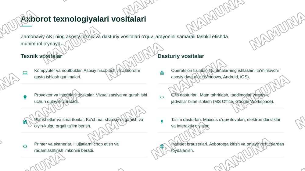 "Boshlang‘ich sinflarda axborot texnologiyalari fanining predmeti, maqsadi va vazifalari. Axborot texnologiyalari zamonaviy texnik va dasturiy vositalari" — zamonaviy taqdimot, 7-slayd