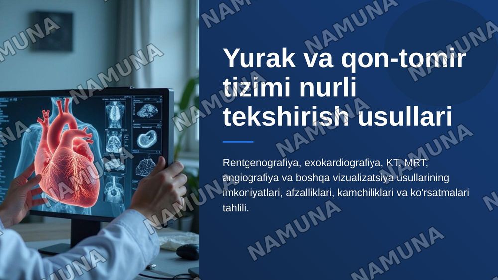 Yurak va qon-tomir tizimi nurli tekshirish usullari (rentgenografiya, rentgenoskopiya, exokardiografiya, radionuklid ssintigrafiya, sonografiya, KT, MRT, angiografiya) ularning afzalliklari va kamchiliklari, ko‘rsatmalar. — zamonaviy taqdimot, 1-slayd