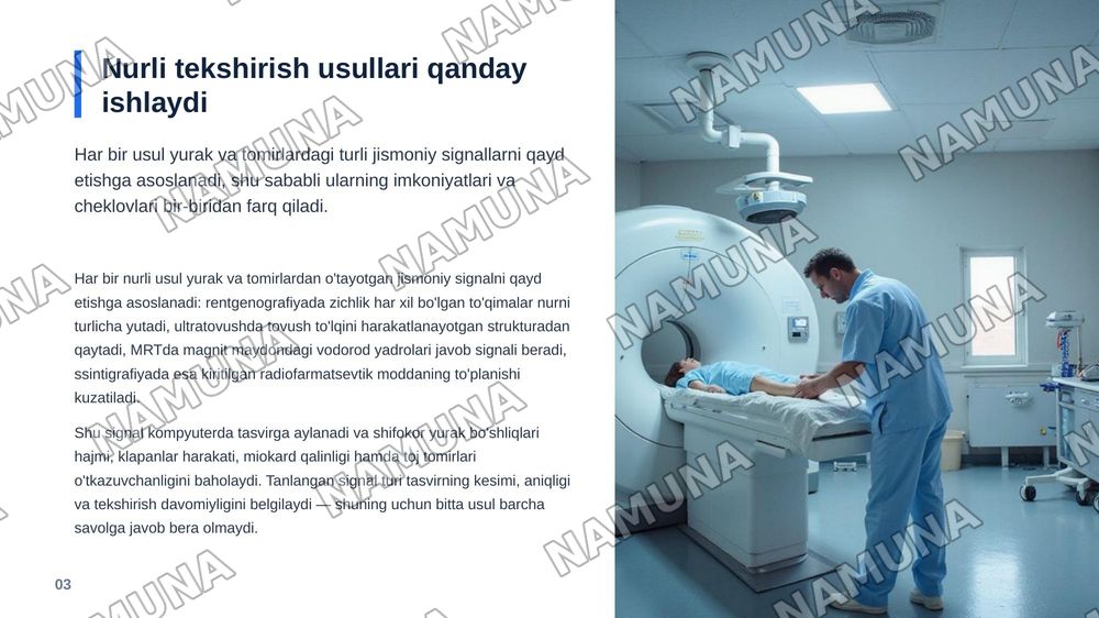 Yurak va qon-tomir tizimi nurli tekshirish usullari (rentgenografiya, rentgenoskopiya, exokardiografiya, radionuklid ssintigrafiya, sonografiya, KT, MRT, angiografiya) ularning afzalliklari va kamchiliklari, ko‘rsatmalar. — zamonaviy taqdimot, 4-slayd