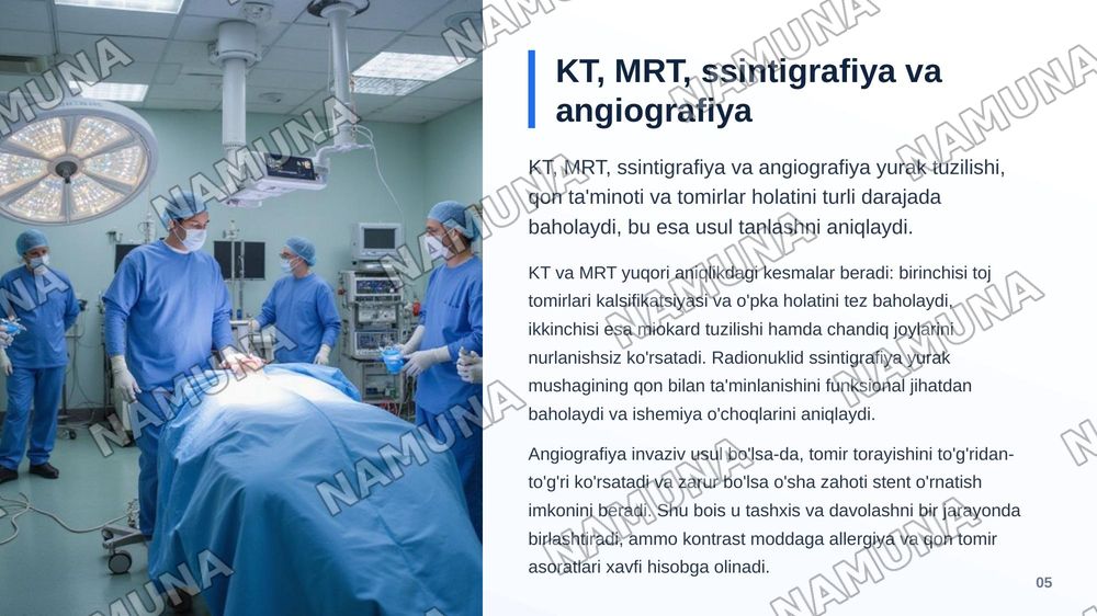 Yurak va qon-tomir tizimi nurli tekshirish usullari (rentgenografiya, rentgenoskopiya, exokardiografiya, radionuklid ssintigrafiya, sonografiya, KT, MRT, angiografiya) ularning afzalliklari va kamchiliklari, ko‘rsatmalar. — zamonaviy taqdimot, 6-slayd