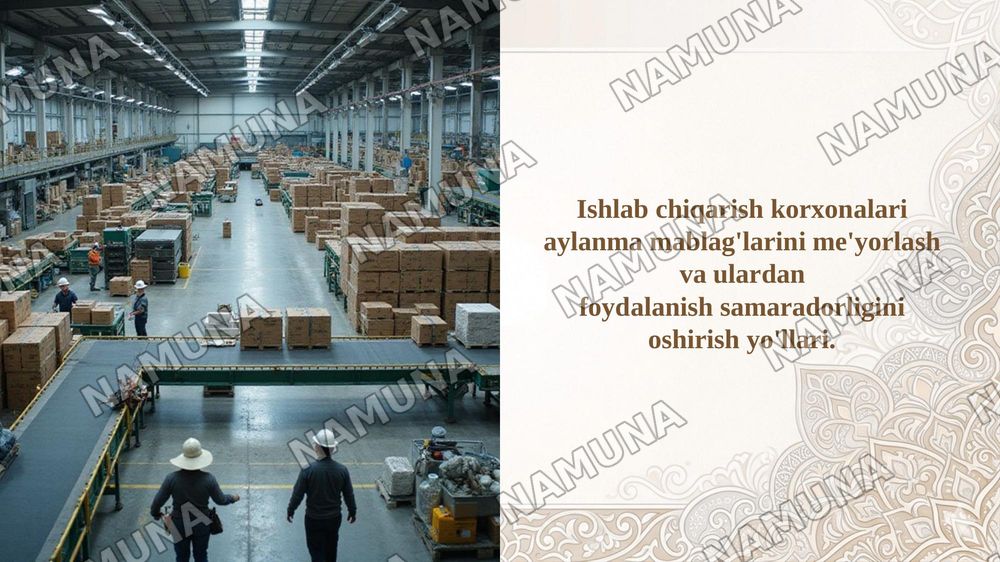Ishlab chiqarish korxonalari aylanma mablag'larini me'yorlash va ulardan
foydalanish samaradorligini oshirish yo'llari. — taqdimot, 1-slayd