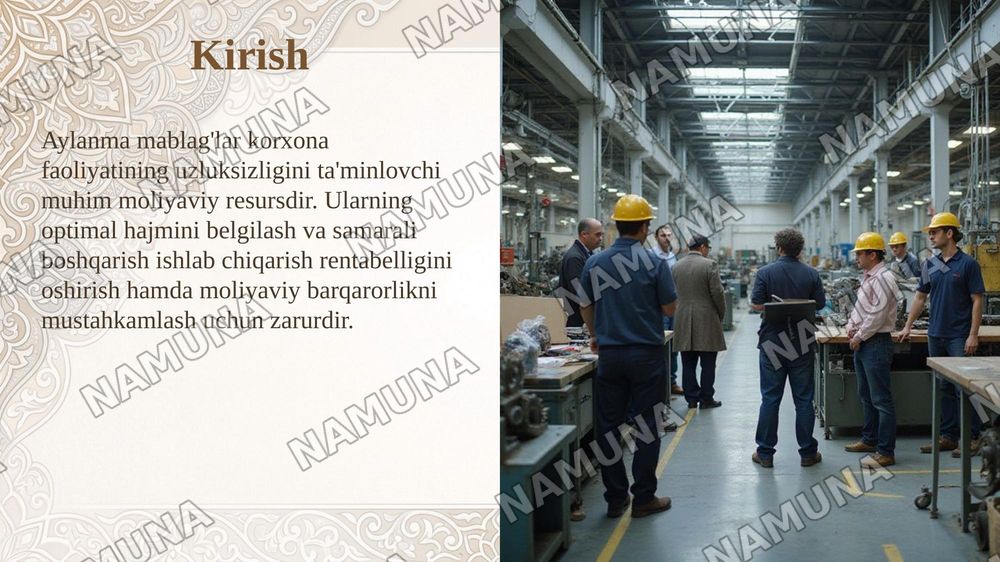 Ishlab chiqarish korxonalari aylanma mablag'larini me'yorlash va ulardan
foydalanish samaradorligini oshirish yo'llari. — taqdimot, 3-slayd