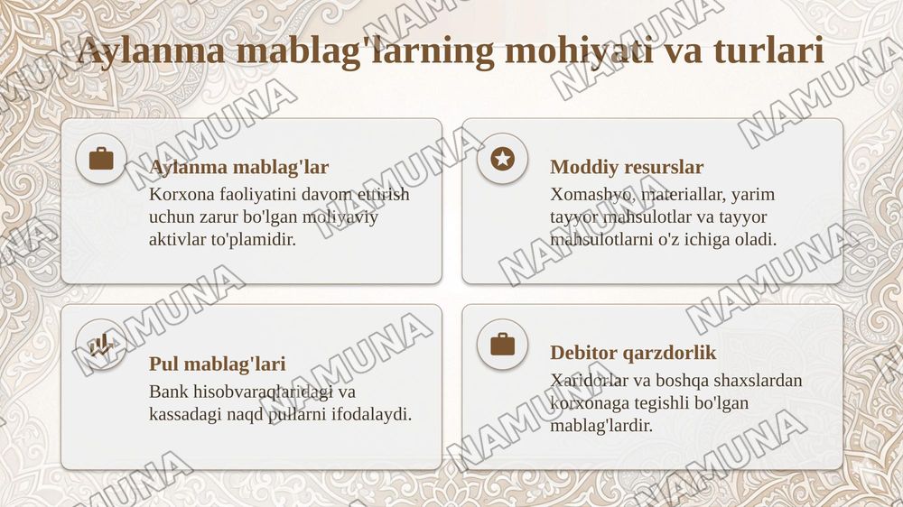 Ishlab chiqarish korxonalari aylanma mablag'larini me'yorlash va ulardan
foydalanish samaradorligini oshirish yo'llari. — taqdimot, 4-slayd