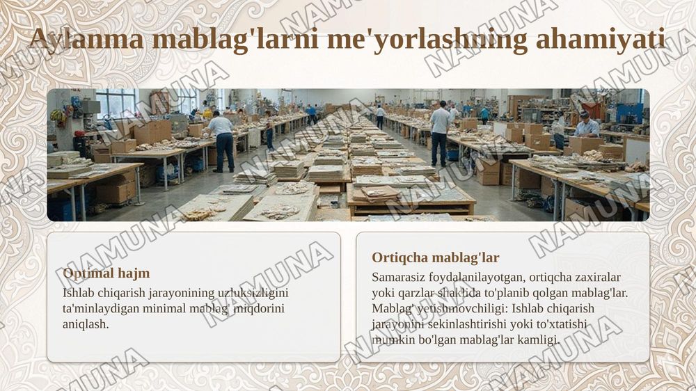 Ishlab chiqarish korxonalari aylanma mablag'larini me'yorlash va ulardan
foydalanish samaradorligini oshirish yo'llari. — taqdimot, 5-slayd