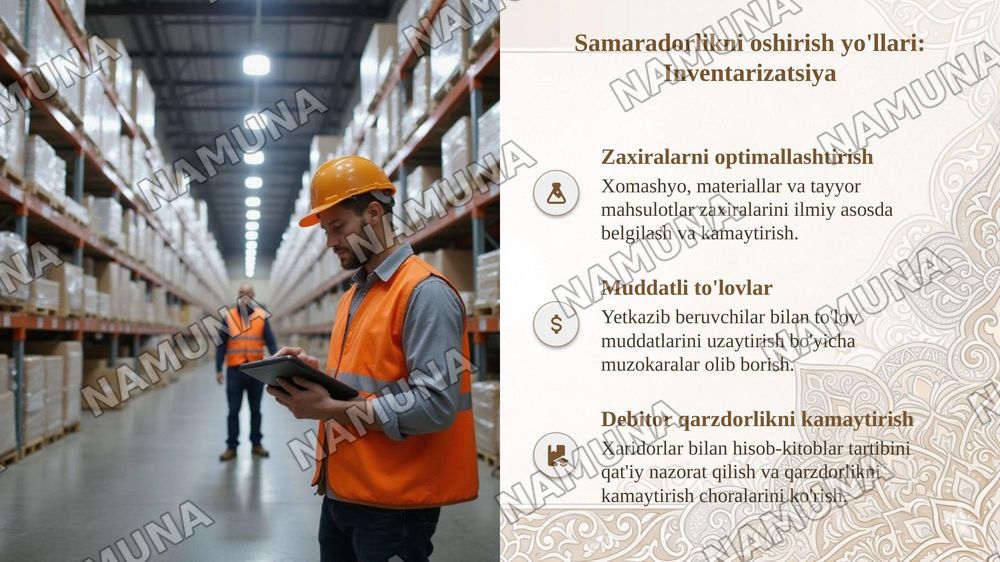 Ishlab chiqarish korxonalari aylanma mablag'larini me'yorlash va ulardan
foydalanish samaradorligini oshirish yo'llari. — taqdimot, 8-slayd