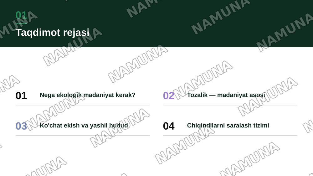 Ekologiya lideri Salmonjonov Alisher uchun zamonaviy slayd tayyorlang. Ko'k, yashil, oq va oltin ranglar, daraxtlar, barglar va tabiat ramzlaridan foydalaning. Maqsadi: maktabda ekologik madaniyatni oshirish; vazifalari: tozalikni saqlash, ko'chat ekish, chiqindilarni saralash va ekologik tadbirlarn — zamonaviy taqdimot, 2-slayd