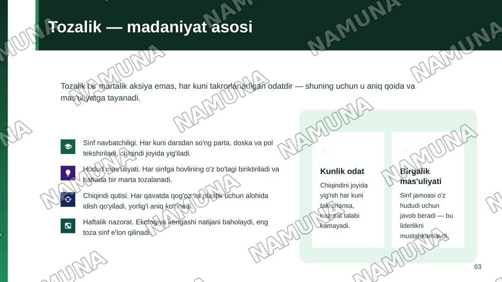 Ekologiya lideri Salmonjonov Alisher uchun zamonaviy slayd tayyorlang. Ko'k, yashil, oq va oltin ranglar, daraxtlar, barglar va tabiat ramzlaridan foydalaning. Maqsadi: maktabda ekologik madaniyatni oshirish; vazifalari: tozalikni saqlash, ko'chat ekish, chiqindilarni saralash va ekologik tadbirlarn — zamonaviy taqdimot, 4-slayd