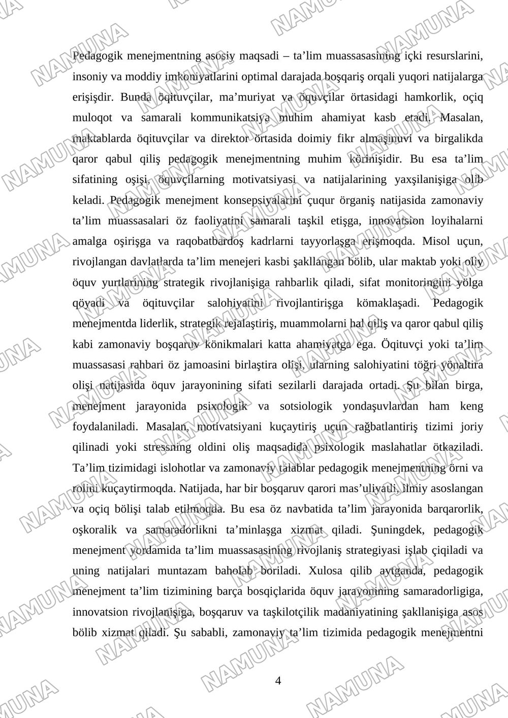 Fan: Pedagogik menejment Mavzu: Ta’lim tizimini boshqarishning klassic va zamonaviy nazaryalari qiyosiy tahlili — mustaqil ish, 4-varaq