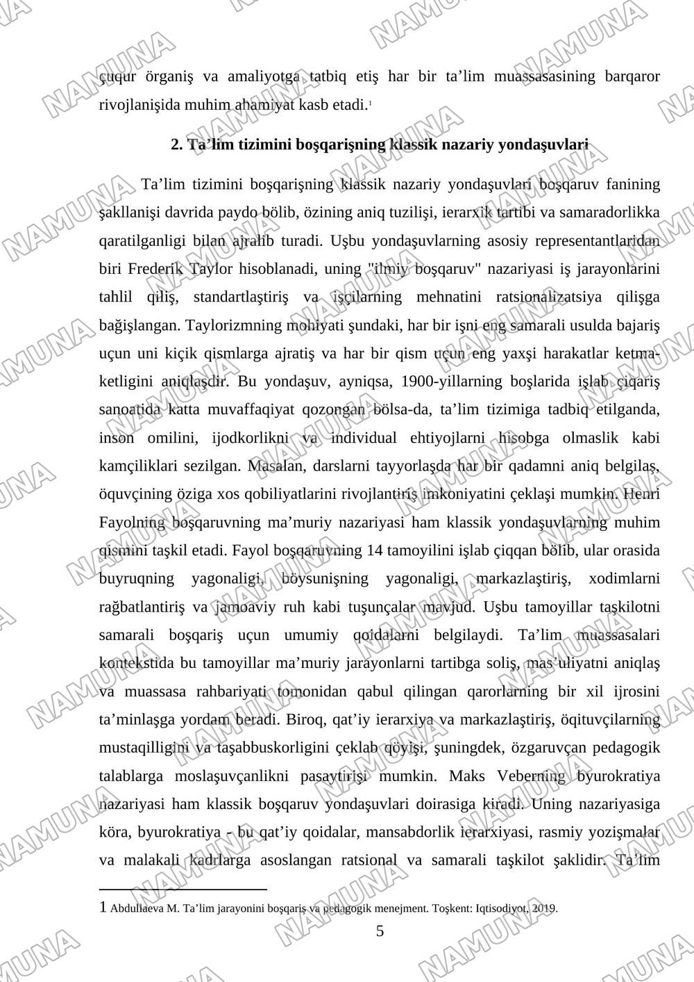 Fan: Pedagogik menejment Mavzu: Ta’lim tizimini boshqarishning klassic va zamonaviy nazaryalari qiyosiy tahlili — mustaqil ish, 5-varaq