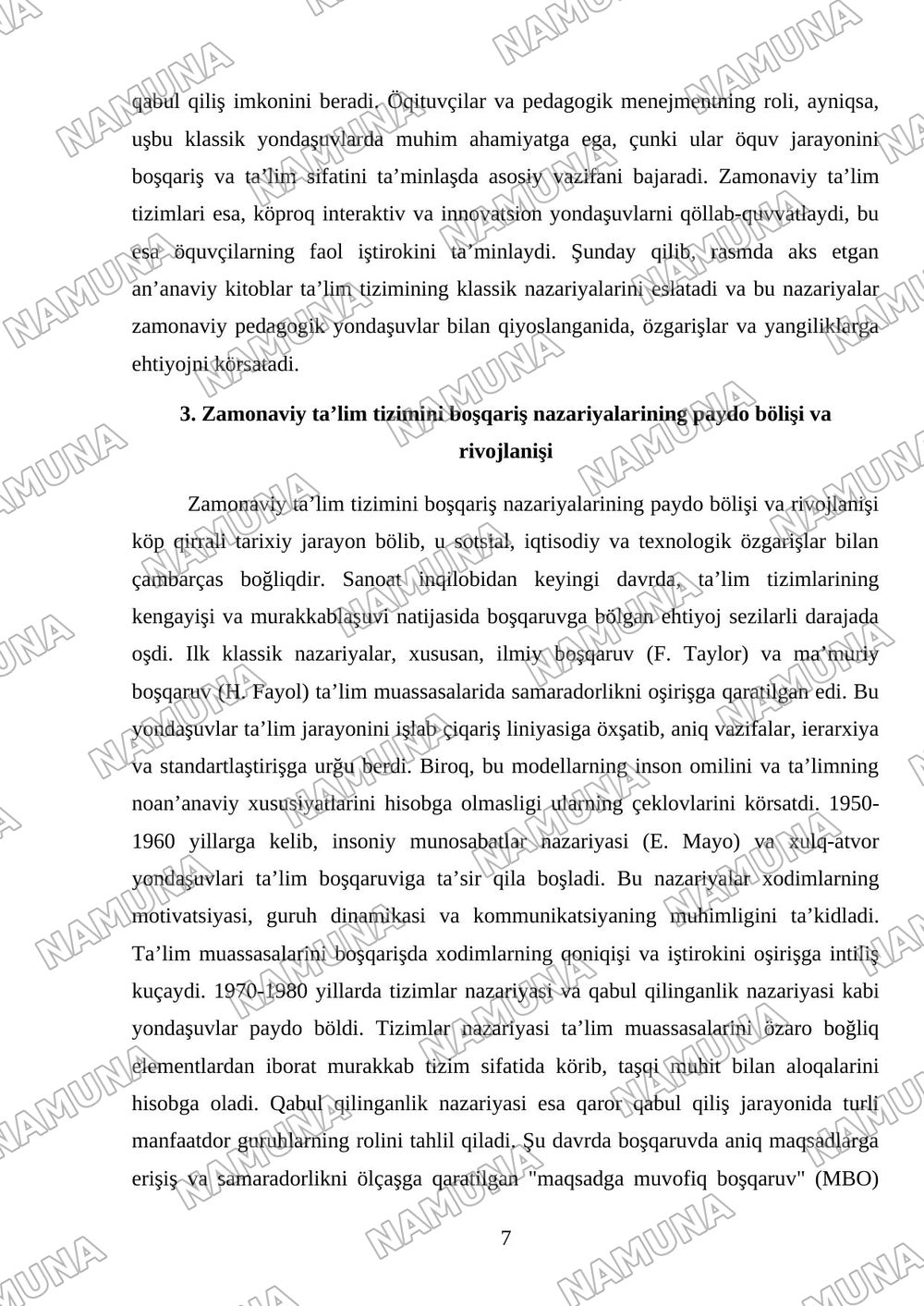 Fan: Pedagogik menejment Mavzu: Ta’lim tizimini boshqarishning klassic va zamonaviy nazaryalari qiyosiy tahlili — mustaqil ish, 7-varaq