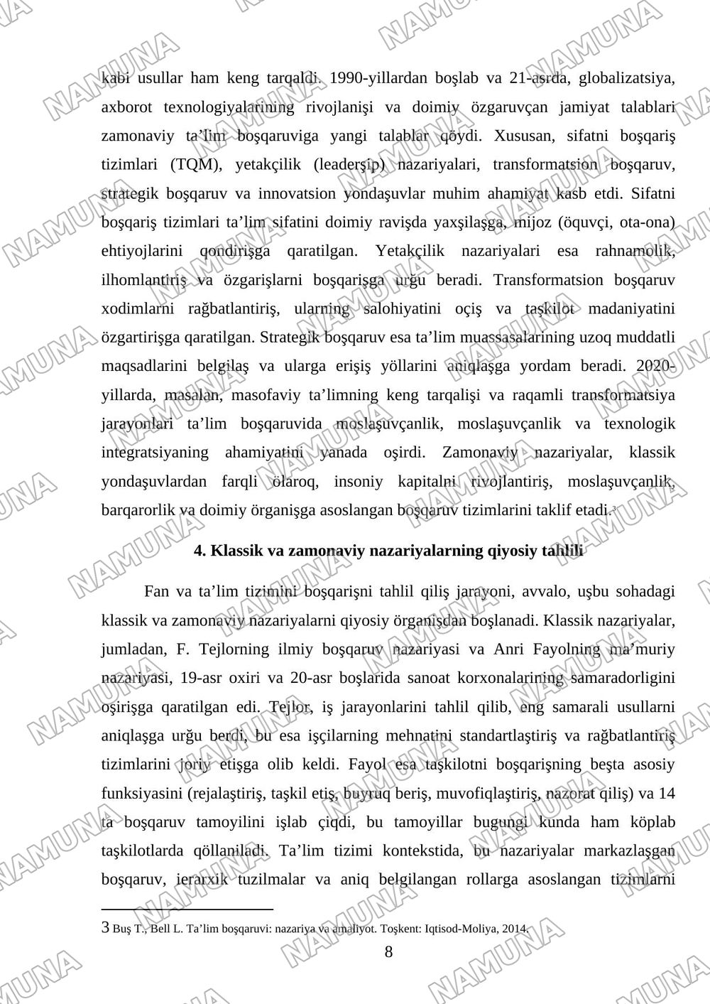 Fan: Pedagogik menejment Mavzu: Ta’lim tizimini boshqarishning klassic va zamonaviy nazaryalari qiyosiy tahlili — mustaqil ish, 8-varaq