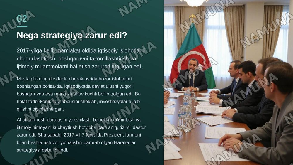 2017-2021-yillarda O‘zbekiston Respublikasini rivojlantirishning beshta ustuvor yo’nalishi bo’yicha “Harakatlar strategiyasi”  taraqqiyotning muhim dasturi. — zamonaviy taqdimot, 3-slayd