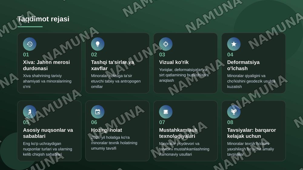 Xiva minoralarinning texnik holatini aniqlash — zamonaviy taqdimot, 2-slayd