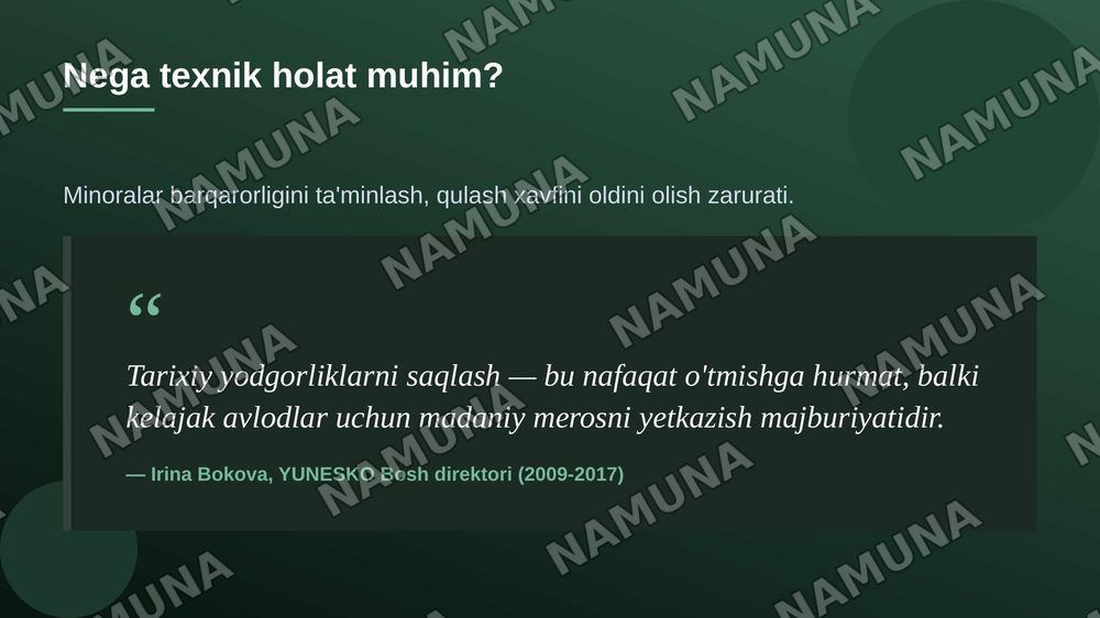 Xiva minoralarinning texnik holatini aniqlash — zamonaviy taqdimot, 5-slayd