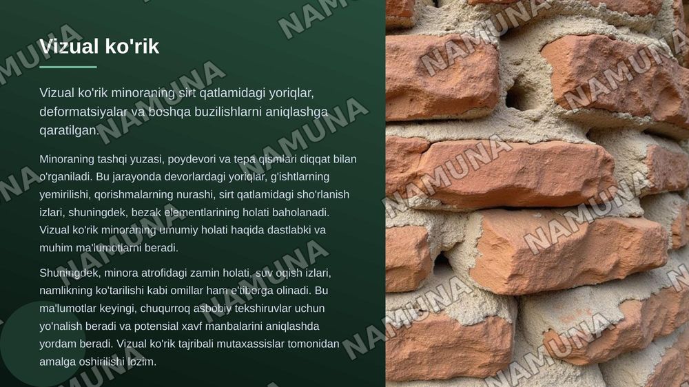 Xiva minoralarinning texnik holatini aniqlash — zamonaviy taqdimot, 8-slayd