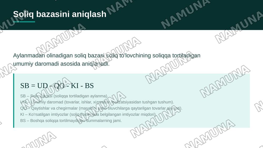 aylanmadan olinadigan soliqni hisoblab chiqarish soliq hisobotini taqdim etish hamda tolash tartibi — zamonaviy taqdimot, 7-slayd