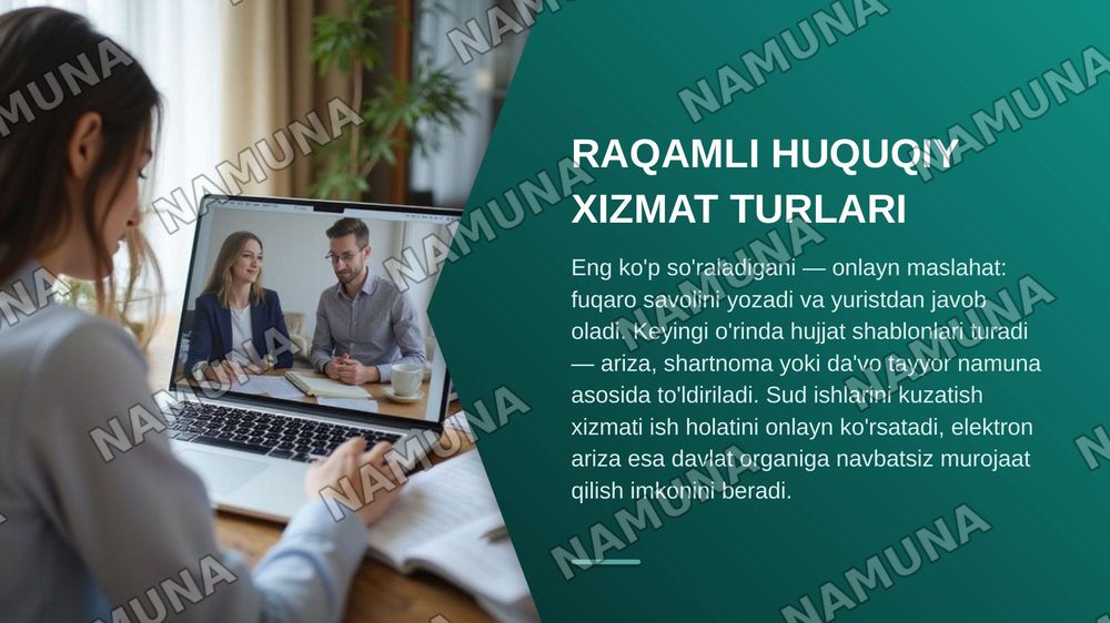 - Elektron hujjatlar va raqamli huquqiy xizmatlar togrisida: tushuncha, o'ziga xos jihatlar, raqamli huquqiy xizmatlar va ularni taqdim etuvchi platforamalar (qisqacha tayyorgarlik (maximum 2/3 betlik slayd) — zamonaviy taqdimot, 5-slayd