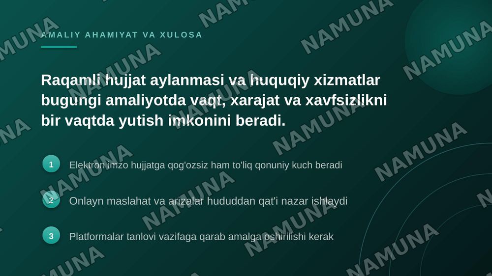 - Elektron hujjatlar va raqamli huquqiy xizmatlar togrisida: tushuncha, o'ziga xos jihatlar, raqamli huquqiy xizmatlar va ularni taqdim etuvchi platforamalar (qisqacha tayyorgarlik (maximum 2/3 betlik slayd) — zamonaviy taqdimot, 7-slayd