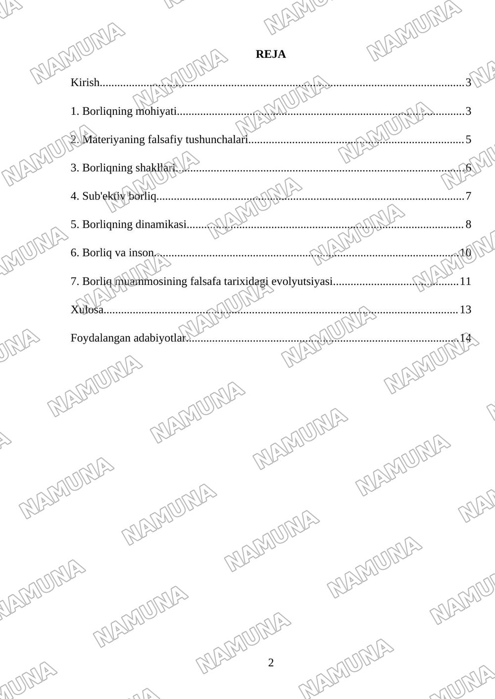 Falsafa tarixida borliq muammosi va borliq shakllari mavzusida referat tayyorlash. — referat, 2-varaq