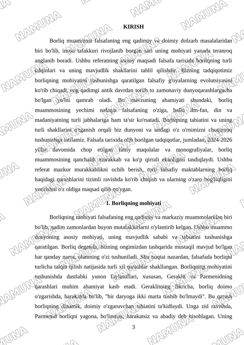 Falsafa tarixida borliq muammosi va borliq shakllari mavzusida referat tayyorlash. — referat, 3-varaq