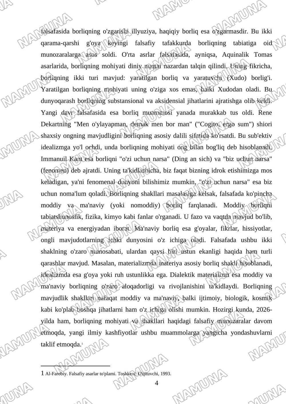 Falsafa tarixida borliq muammosi va borliq shakllari mavzusida referat tayyorlash. — referat, 4-varaq