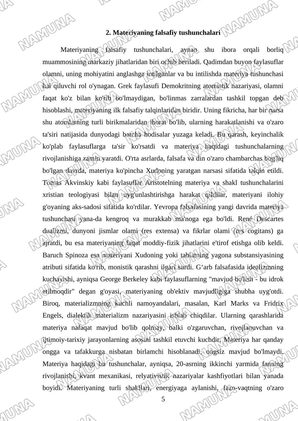 Falsafa tarixida borliq muammosi va borliq shakllari mavzusida referat tayyorlash. — referat, 5-varaq