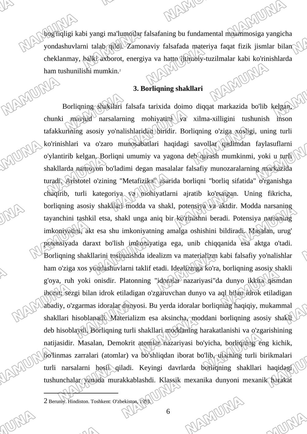 Falsafa tarixida borliq muammosi va borliq shakllari mavzusida referat tayyorlash. — referat, 6-varaq
