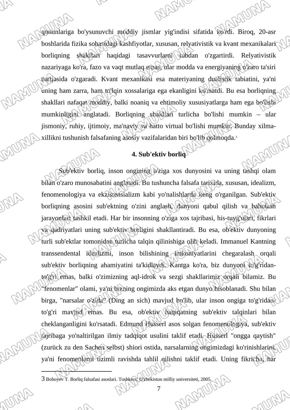 Falsafa tarixida borliq muammosi va borliq shakllari mavzusida referat tayyorlash. — referat, 7-varaq