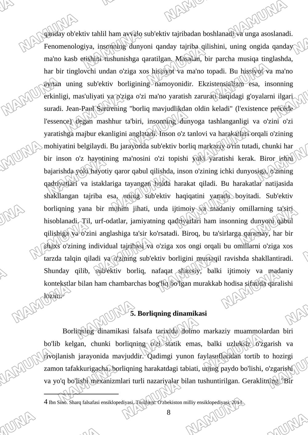 Falsafa tarixida borliq muammosi va borliq shakllari mavzusida referat tayyorlash. — referat, 8-varaq