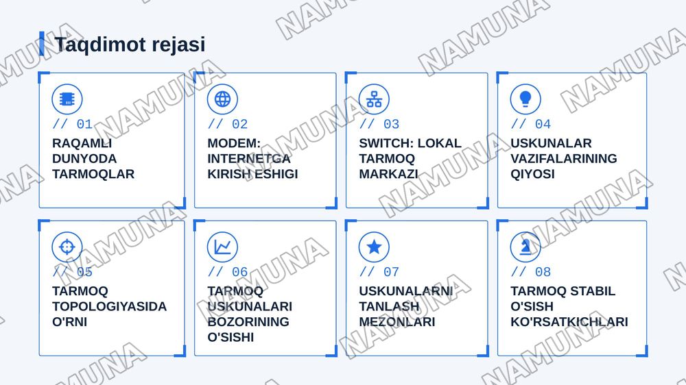 Zamonaviy tarmoq uskunalari: router, switch, access point va  
modemning vazifalari — zamonaviy taqdimot, 2-slayd