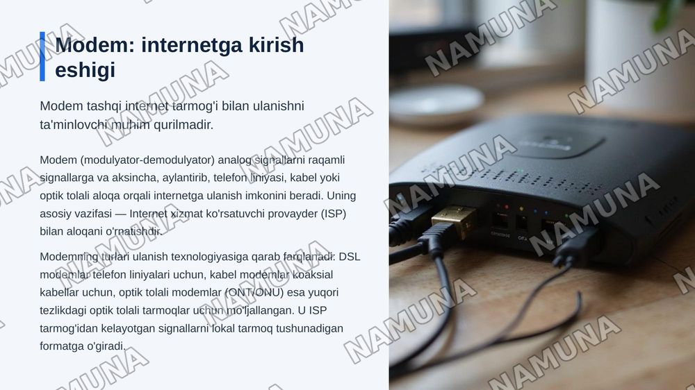 Zamonaviy tarmoq uskunalari: router, switch, access point va  
modemning vazifalari — zamonaviy taqdimot, 5-slayd