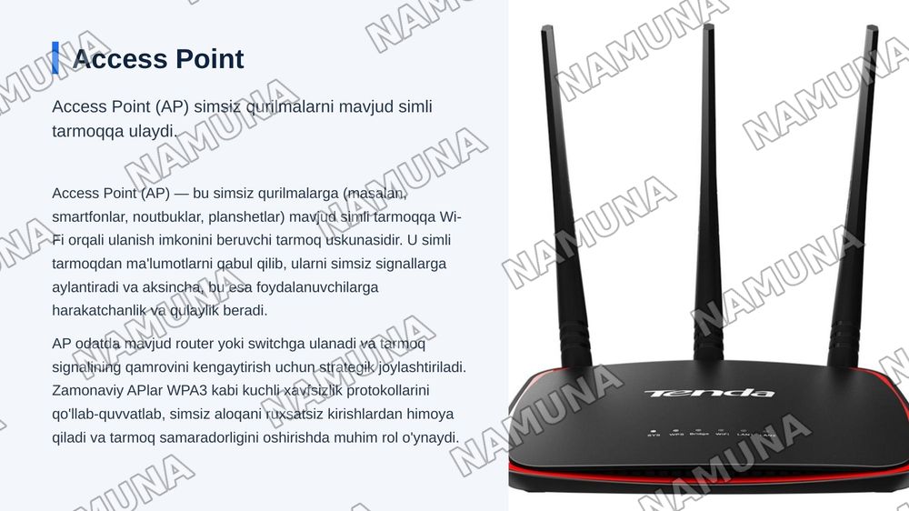 Zamonaviy tarmoq uskunalari: router, switch, access point va  
modemning vazifalari — zamonaviy taqdimot, 8-slayd