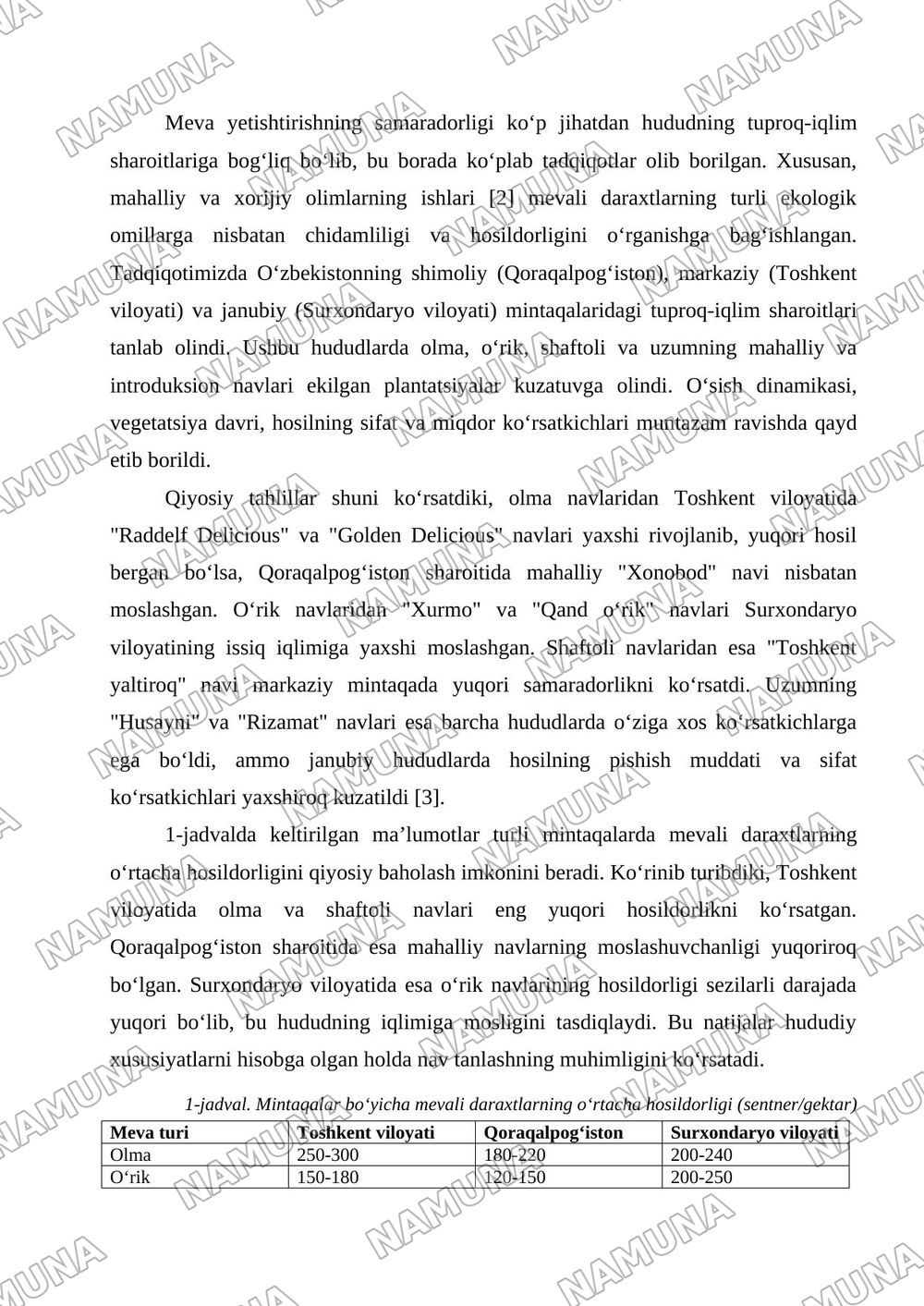 Oʻzbekistonning turli tuproq-iqlim sharoitlarida mevali daraxtlarning oʻsishi, rivojlanishi va hosildorlikka koʻrsatkichlarini qiyosiy baholash — tezis, 2-varaq
